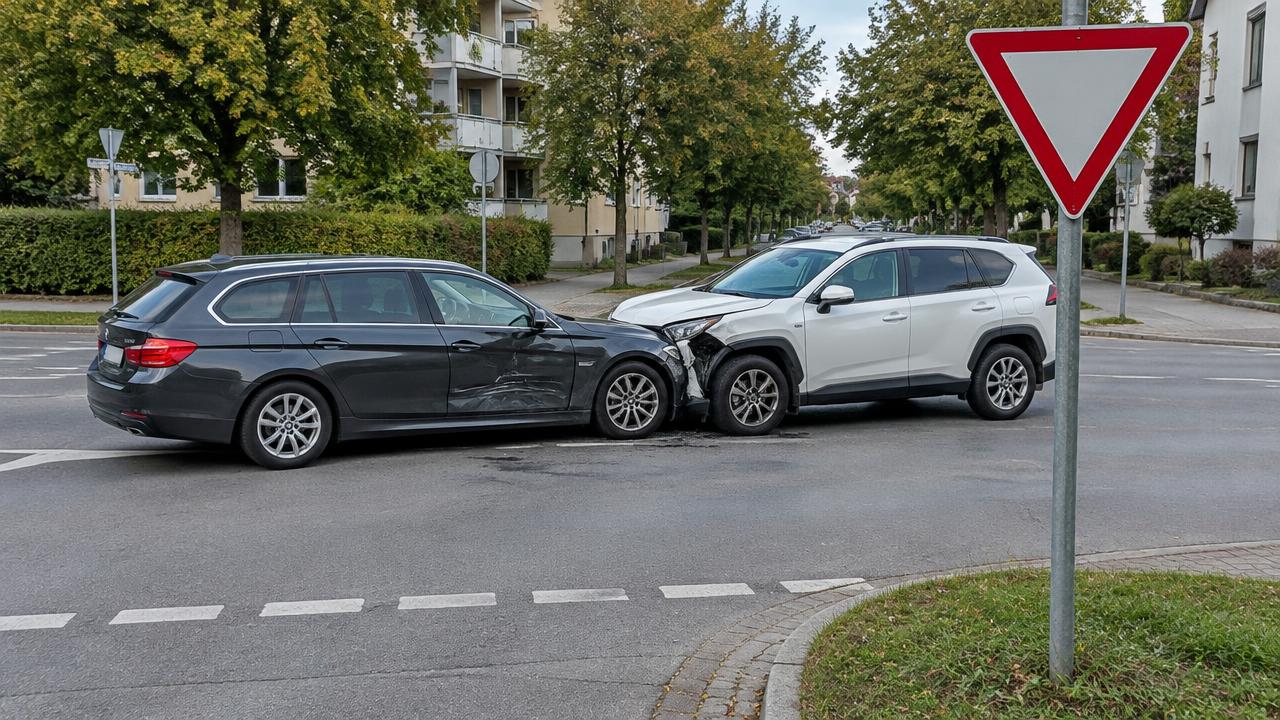 Zwei Fahrzeuge nach einem Seitenaufprall an einer Kreuzung mit Vorfahrt-gewähren-Schild